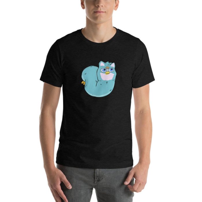 A tee-shirt with a blue,fuzzy, furby design 