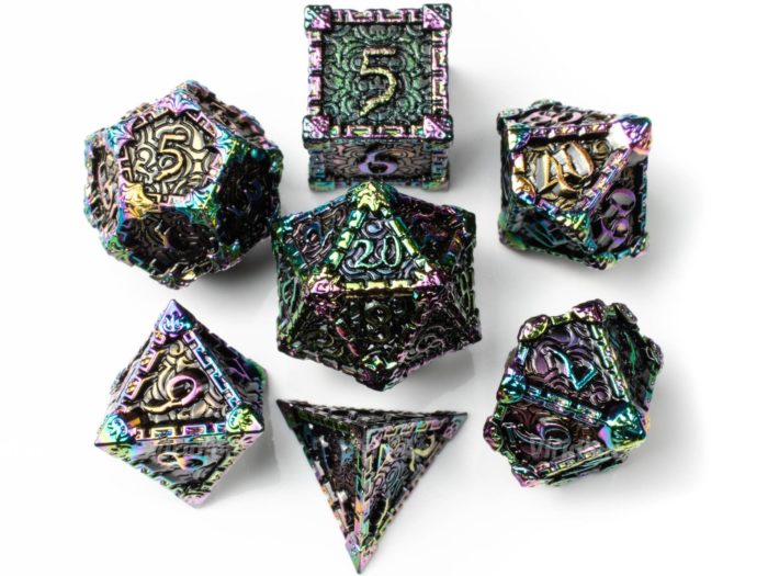 shiny, metal, dnd dice set 