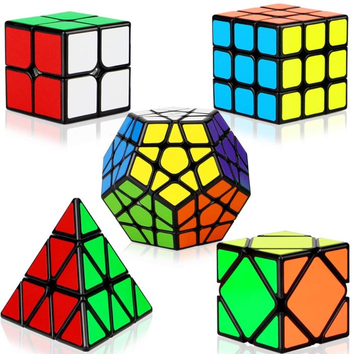 A variety of different sized rubkis cubes